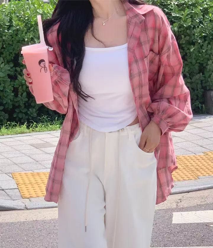 한국 스타일 여름 핑크색 격자 무늬 셔츠 게으른 바람 루즈핏 빅 사이즈 맨위 자외선 차단 의류 여성 레저 셔츠 재킷 트렌디 이미지 2
