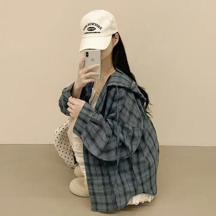 한국 스타일 여름 클래식 후드 체크무늬 루즈핏 셔츠 디자인 센스 캐주얼 맨위 자외선 차단 의류 캐주얼 여성 코트 트렌디 이미지 2