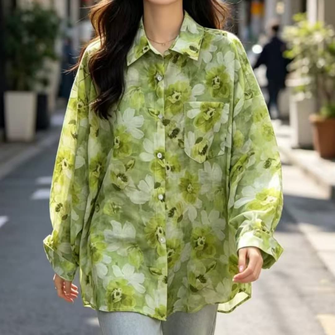 한국 스타일 여름 녹색 꽃무늬 셔츠 하라주쿠 스타일 캐주얼 루즈핏 빅 사이즈 다용도 긴팔 재킷 맨위 자외선 차단 의류 상세 이미지 4