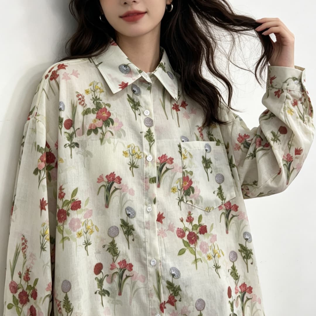 한국 스타일 여름 꽃무늬 프린트 셔츠 하라주쿠 스타일 긴팔 셔츠 패션 루즈핏 맨위 여성 코트 자외선 차단 의류 트렌디