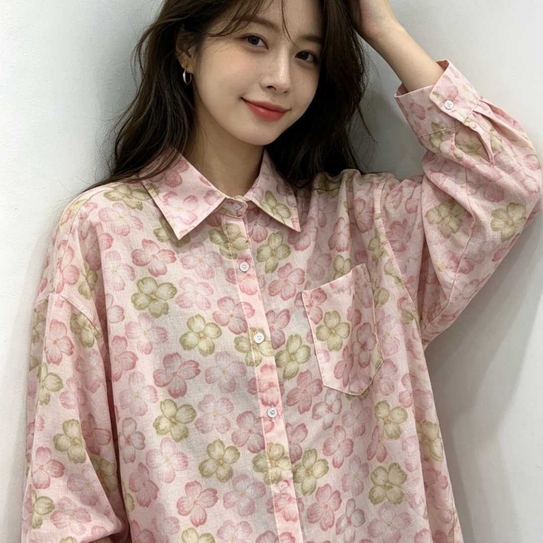 한국 스타일 봄 여름 핑크색 꽃무늬 프린트 셔츠 하라주쿠 스타일 긴팔 긴팔 루즈핏 맨위 여성 코트 자외선 차단 의류 이미지 5