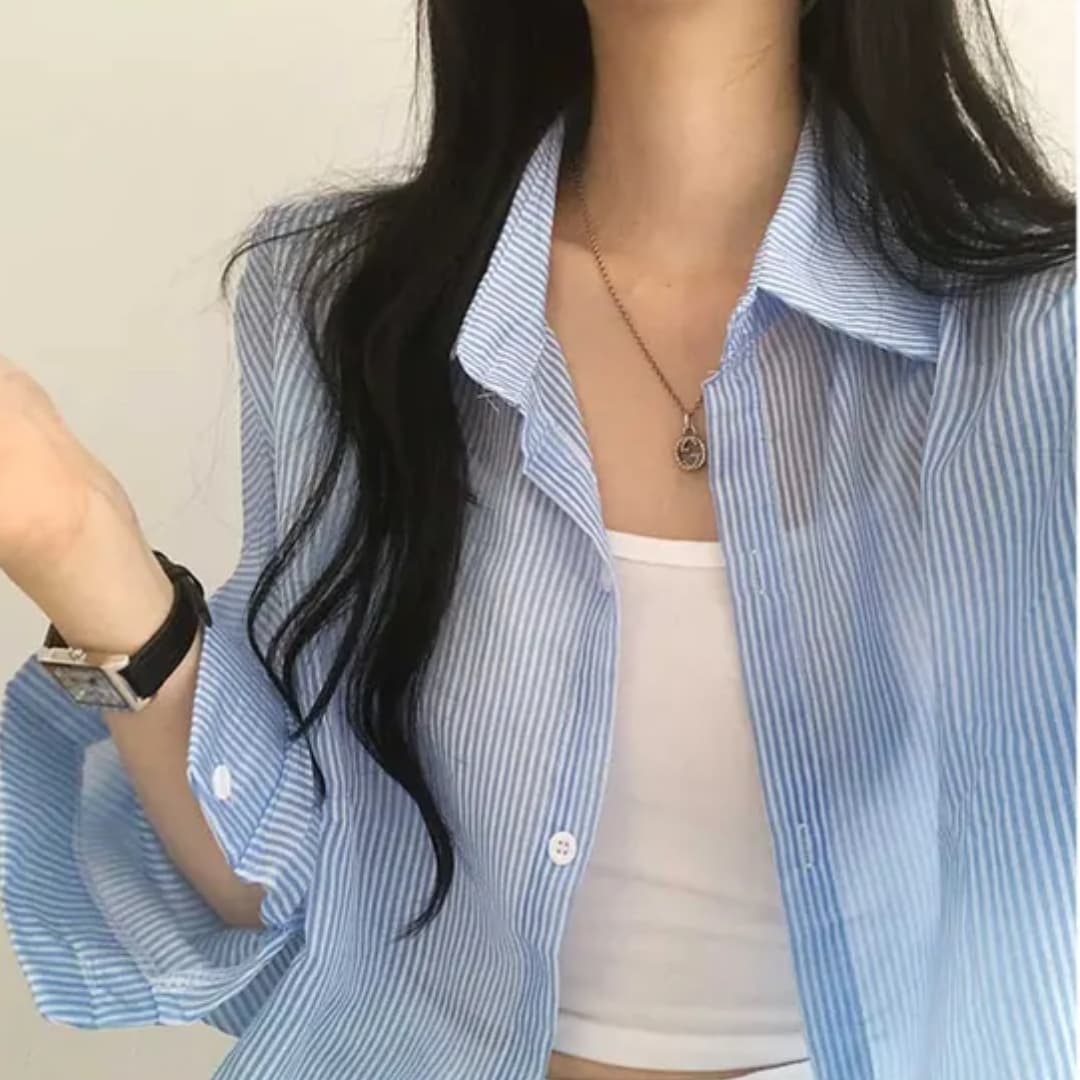 한국 스타일 여름 얇은 스타일 스트라이프 셔츠 캐주얼 루즈핏 디자인 센스 패션 미니멀리즘 셔츠 여성 자외선 차단 외투 트렌디