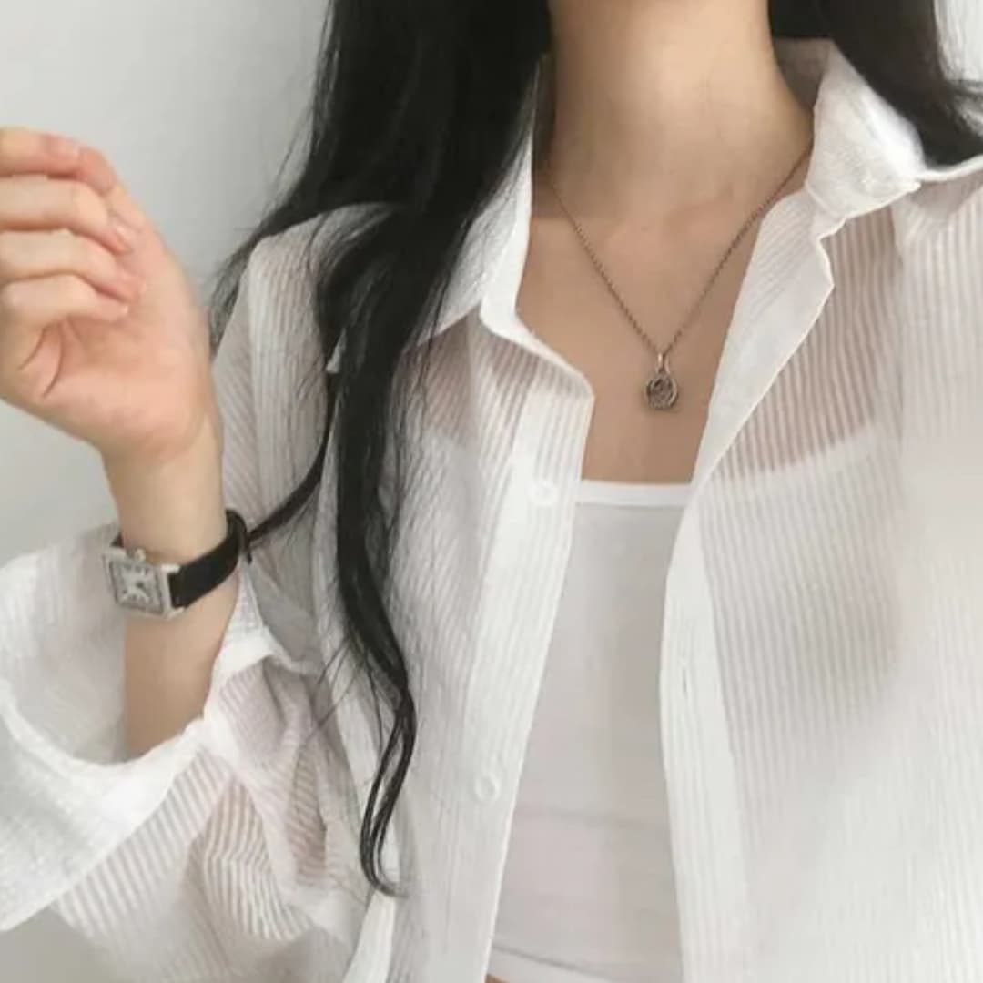 한국 스타일 여름 얇은 스타일 스트라이프 셔츠 캐주얼 루즈핏 디자인 센스 패션 미니멀리즘 셔츠 여성 자외선 차단 외투 트렌디 상세 이미지 3