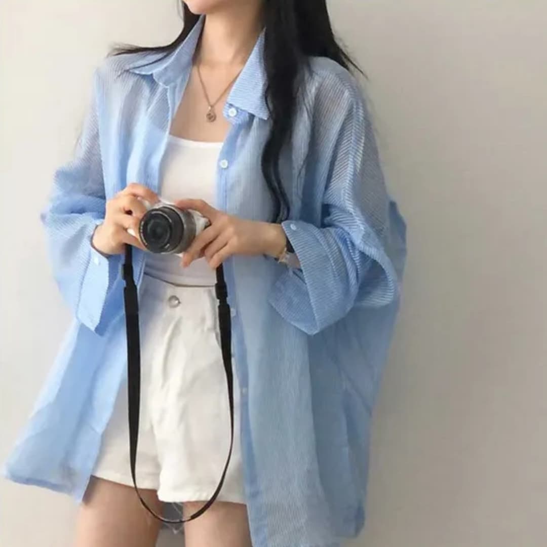 한국 스타일 여름 얇은 스타일 스트라이프 셔츠 캐주얼 루즈핏 디자인 센스 패션 미니멀리즘 셔츠 여성 자외선 차단 외투 트렌디 상세 이미지 8