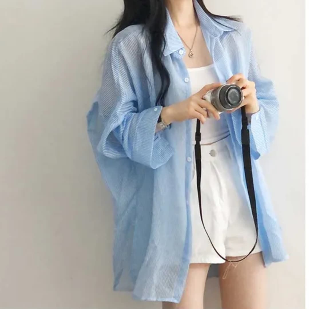 한국 스타일 여름 얇은 스타일 스트라이프 셔츠 캐주얼 루즈핏 디자인 센스 패션 미니멀리즘 셔츠 여성 자외선 차단 외투 트렌디 상세 이미지 9