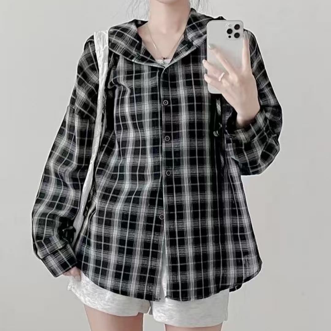 한국 스타일 가을 후드 레트로 클래식 격자 무늬 셔츠 미니멀리즘 긴팔 캐주얼 루즈핏 게으른 바람 셔츠 여성 코트