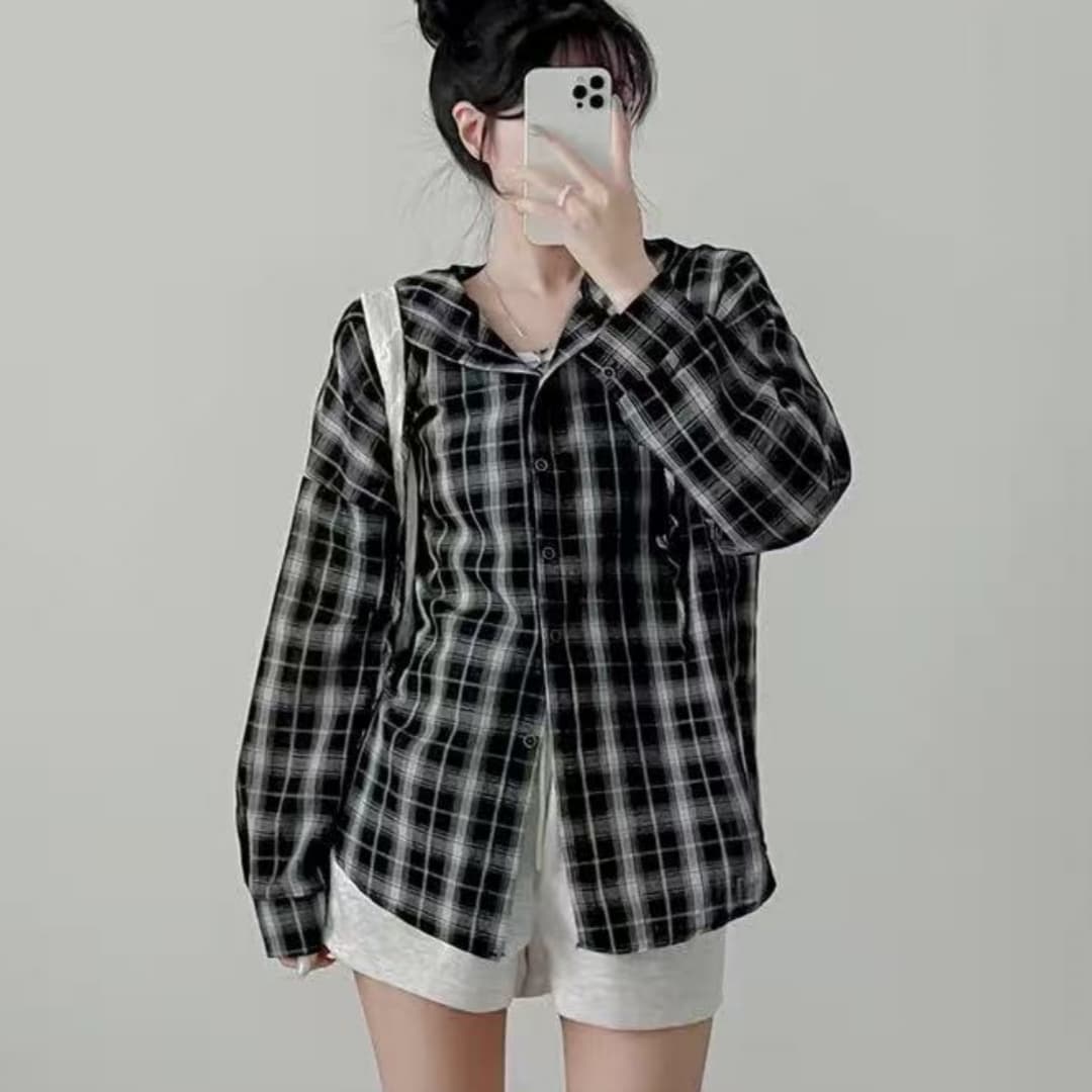 한국 스타일 가을 후드 레트로 클래식 격자 무늬 셔츠 미니멀리즘 긴팔 캐주얼 루즈핏 게으른 바람 셔츠 여성 코트 상세 이미지 2