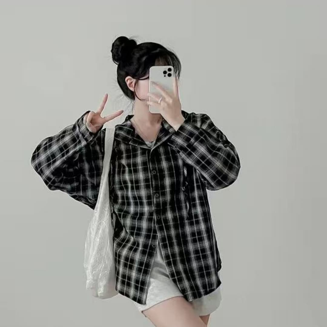 한국 스타일 가을 후드 레트로 클래식 격자 무늬 셔츠 미니멀리즘 긴팔 캐주얼 루즈핏 게으른 바람 셔츠 여성 코트 상세 이미지 4