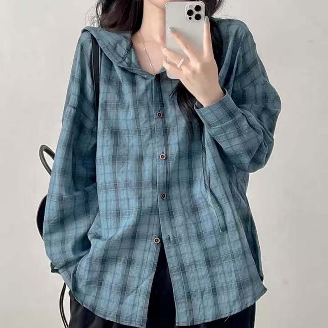 한국 스타일 가을 후드 레트로 클래식 격자 무늬 셔츠 미니멀리즘 긴팔 캐주얼 루즈핏 게으른 바람 셔츠 여성 코트 상세 이미지 6
