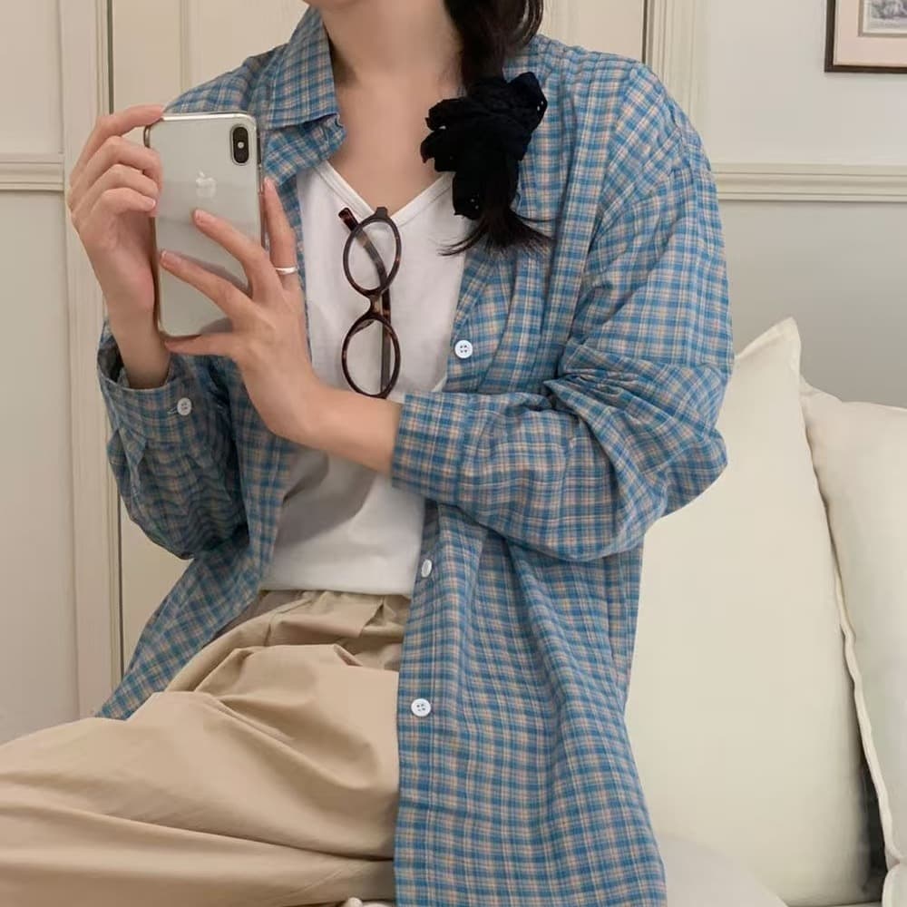 한국 스타일 가을 클래식 격자 무늬 셔츠 디자인 센스 맨위 미니멀리즘 패션 루즈핏 긴팔 셔츠 패션 여성 코트