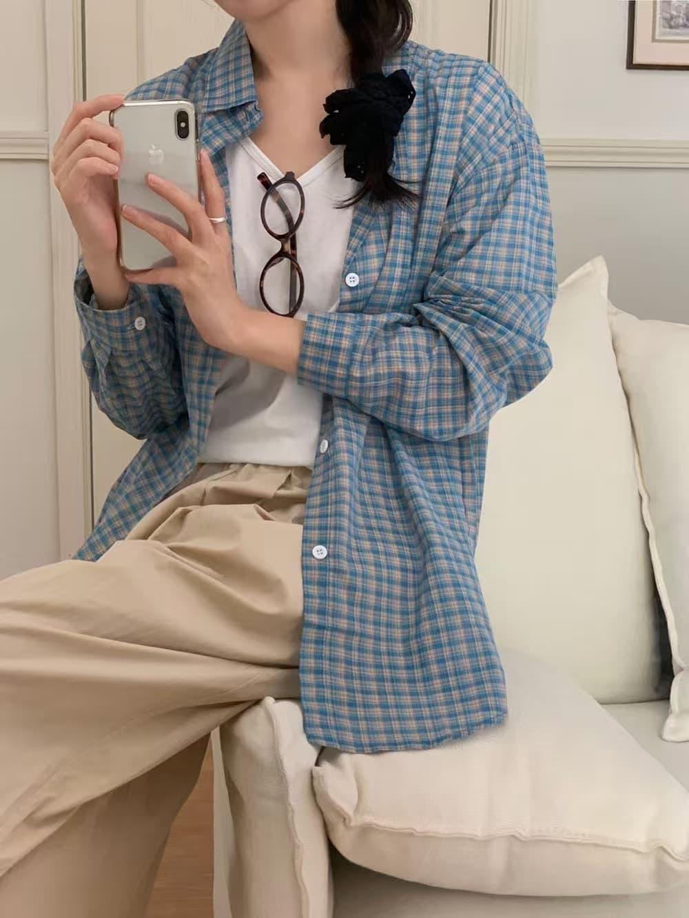 한국 스타일 가을 클래식 격자 무늬 셔츠 디자인 센스 맨위 미니멀리즘 패션 루즈핏 긴팔 셔츠 패션 여성 코트 상세 이미지 6