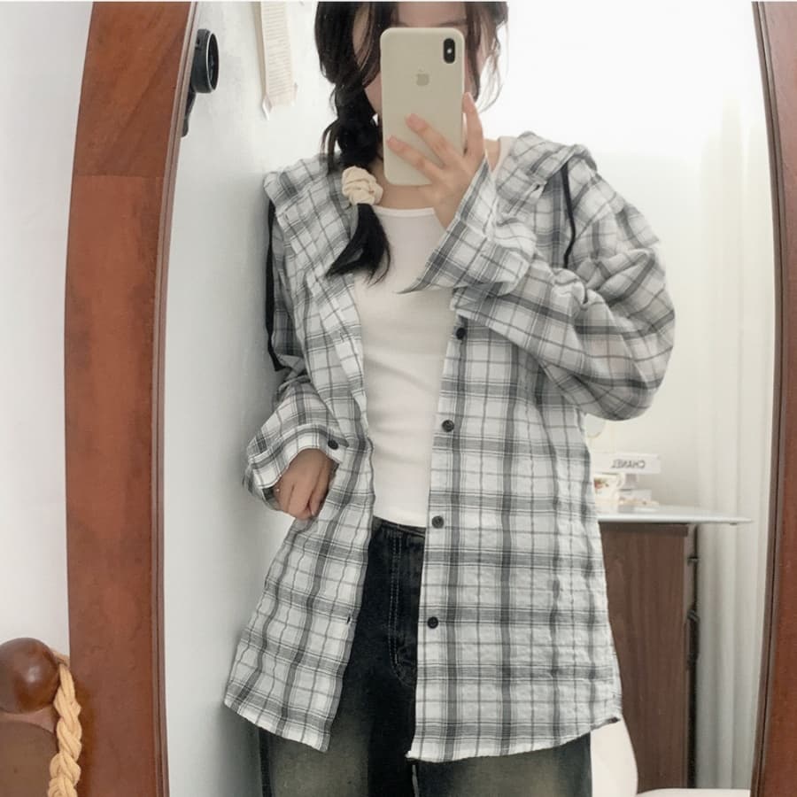 한국 스타일 가을 클래식 후드 격자 무늬 셔츠 하라주쿠 스타일 긴팔 셔츠 루즈핏 맨위 여성 코트 자외선 차단 의류 트렌디 이미지 3