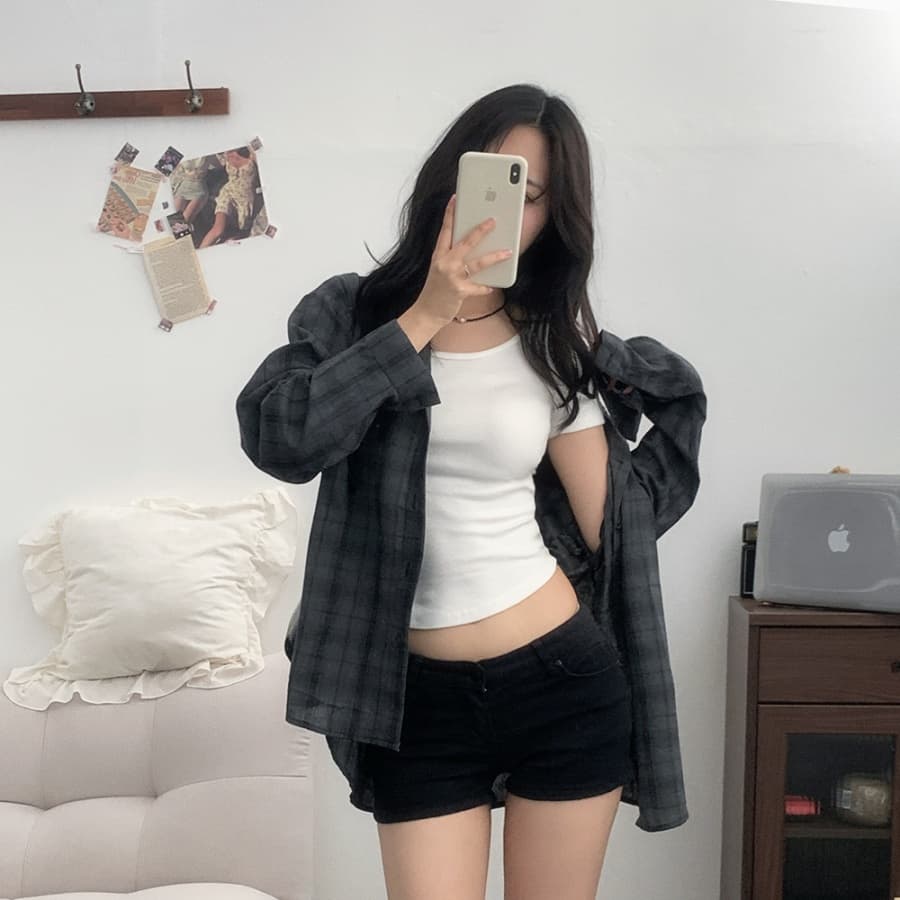 한국 스타일 가을 클래식 후드 격자 무늬 셔츠 하라주쿠 스타일 긴팔 셔츠 루즈핏 맨위 여성 코트 자외선 차단 의류 트렌디 상세 이미지 2