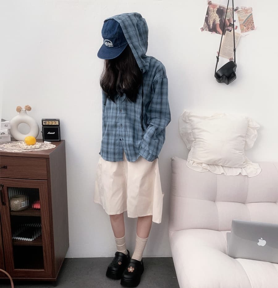 한국 스타일 가을 클래식 후드 격자 무늬 셔츠 하라주쿠 스타일 긴팔 셔츠 루즈핏 맨위 여성 코트 자외선 차단 의류 트렌디 상세 이미지 4