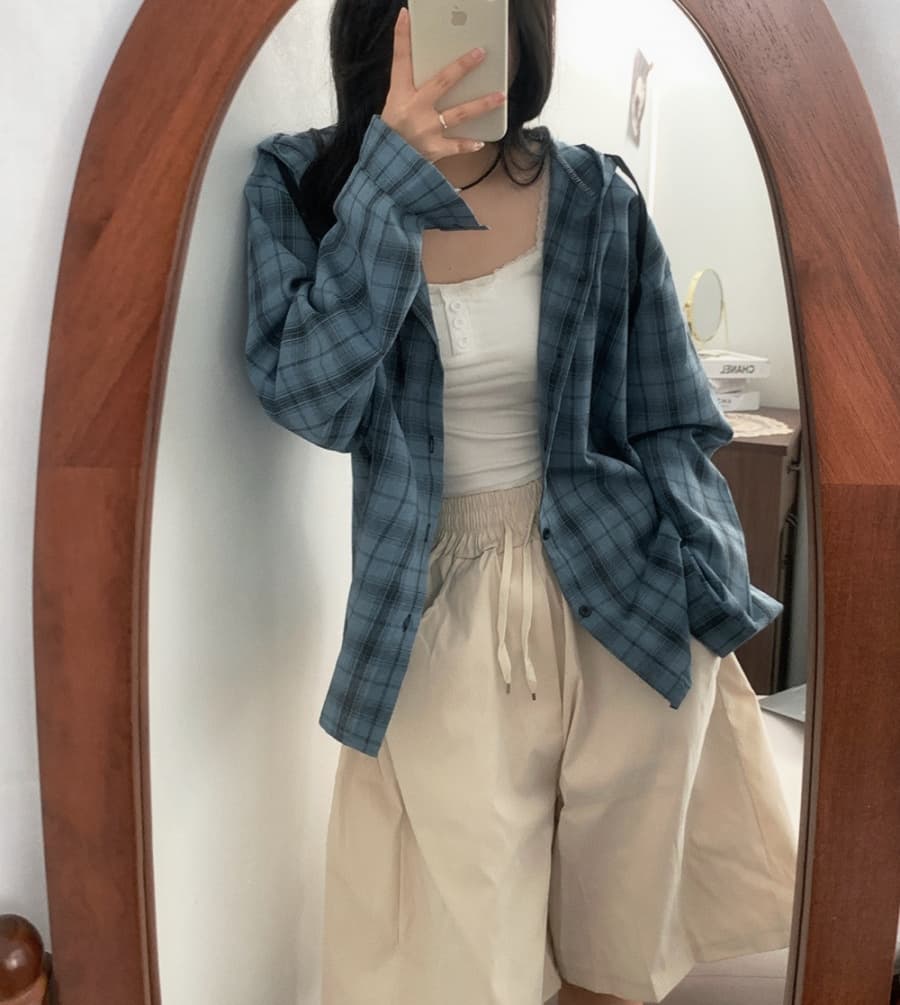 한국 스타일 가을 클래식 후드 격자 무늬 셔츠 하라주쿠 스타일 긴팔 셔츠 루즈핏 맨위 여성 코트 자외선 차단 의류 트렌디 상세 이미지 7