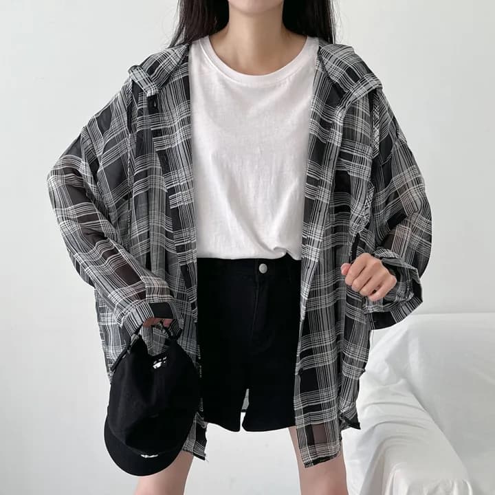한국 스타일 여름 체크무늬 후드 셔츠 디자인 센스 루즈핏 패션 빅 사이즈 하라주쿠 스타일 맨위 셔츠 캐주얼 여성 코트 이미지 2