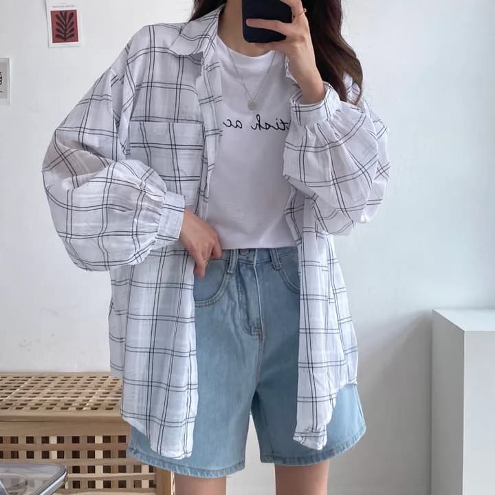 한국 스타일 여름 얇은 스타일 면 린넨 게으른 바람 루즈핏 격자 무늬 셔츠 캐주얼 맨위 여성 자외선 차단 외투 셔츠 트렌디 상세 이미지 1