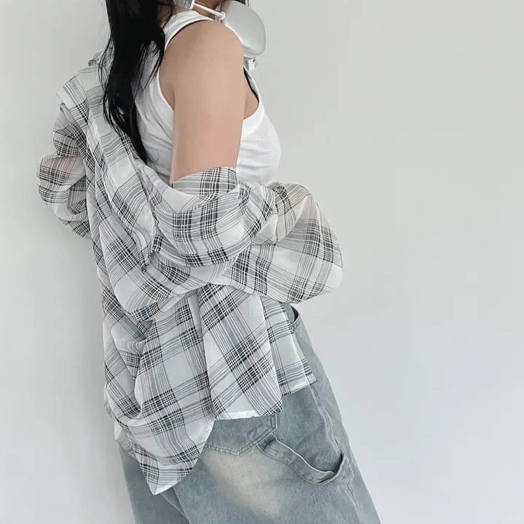 한국 스타일 여름 원근법 설치 체크무늬 슬림해 보이는 셔츠 하라주쿠 스타일 캐주얼 셔츠 루즈핏 다용도 자외선 차단 의류 여성 재킷 상세 이미지 3