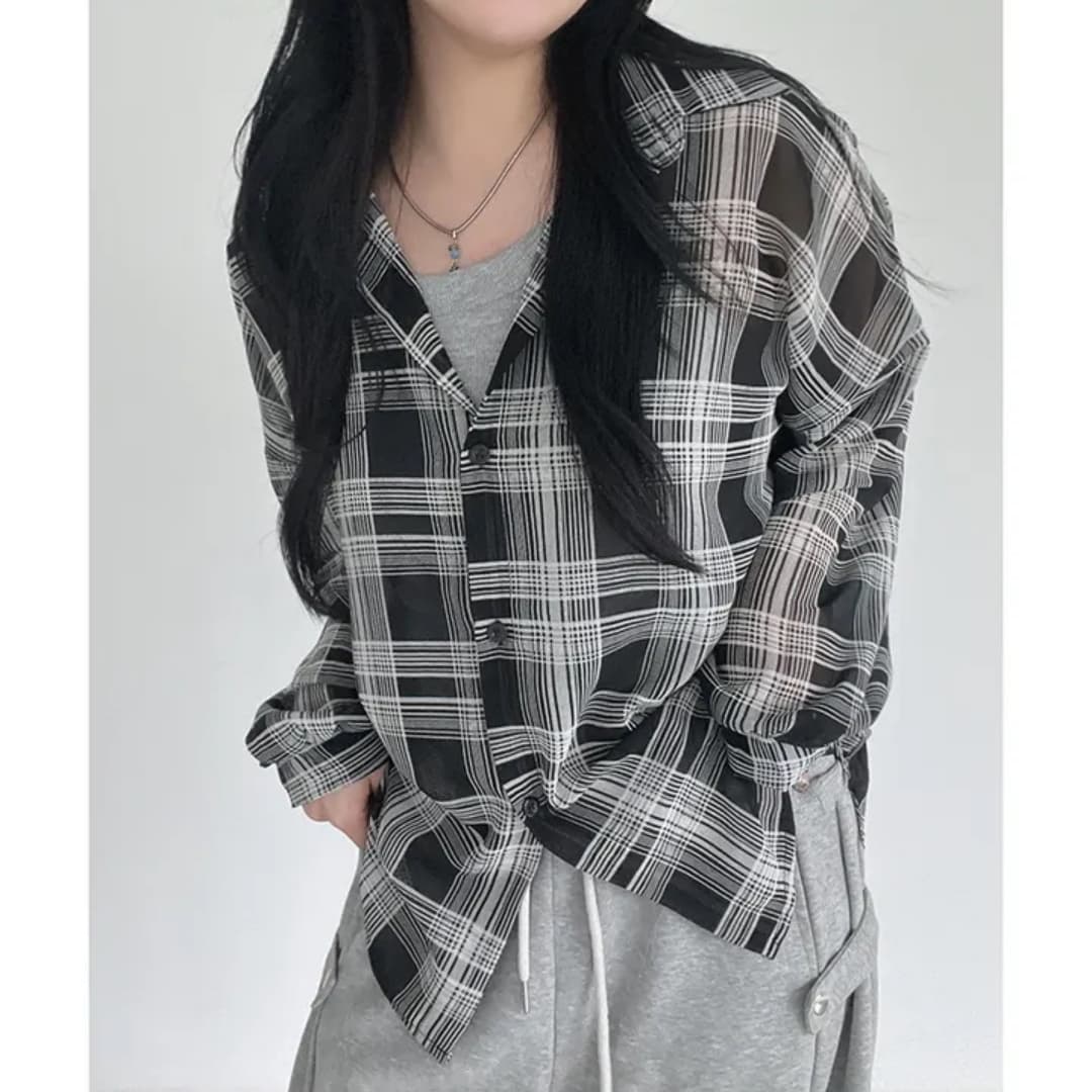 한국 스타일 여름 원근법 설치 체크무늬 슬림해 보이는 셔츠 하라주쿠 스타일 캐주얼 셔츠 루즈핏 다용도 자외선 차단 의류 여성 재킷 상세 이미지 5