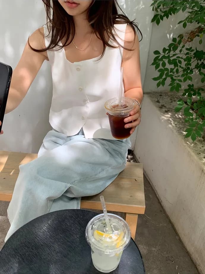 chic 한 부서 여름 프랑스식 레트로 외국 가스 작은 대중 싱글 줄 버튼 스택 착용 민소매 조끼 정장 베스트 맨위