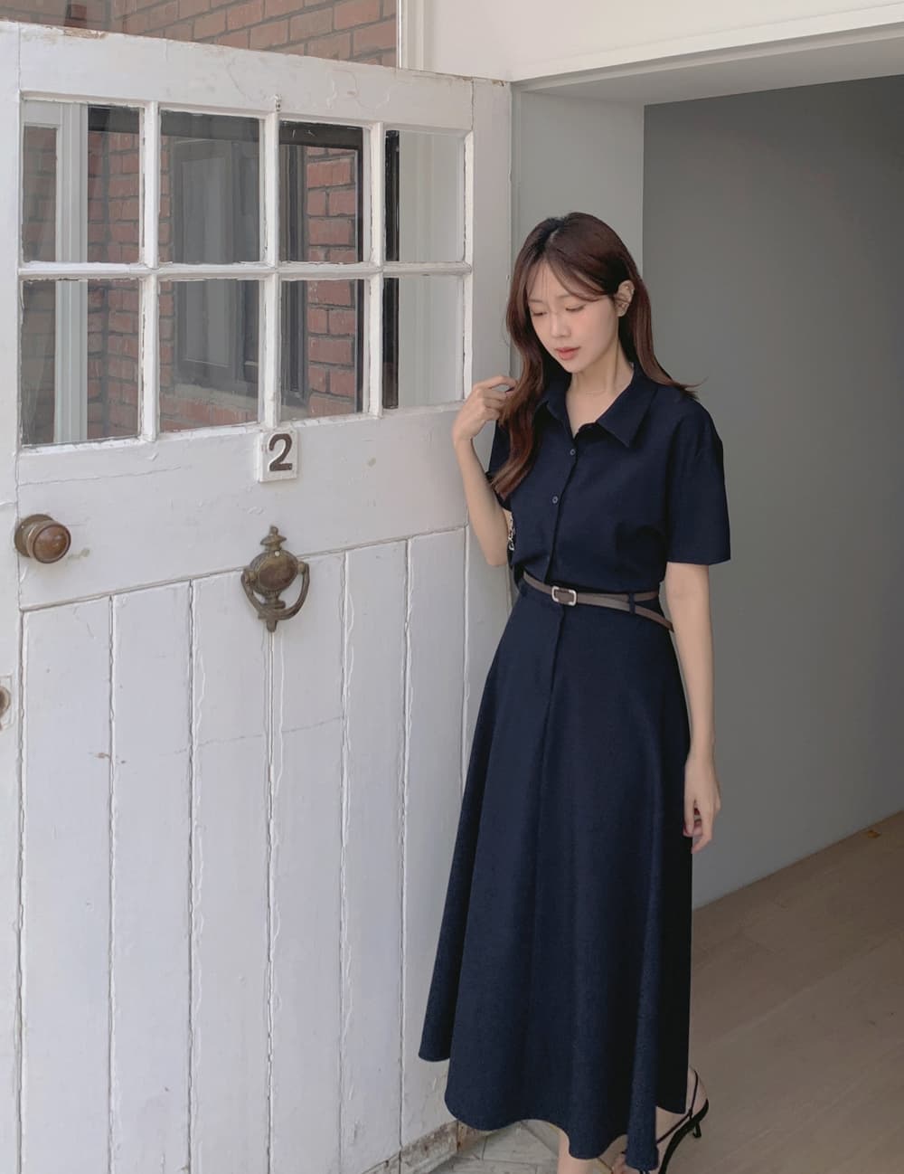 chic 한국 여름 프랑스식 레트로 우아함 품격 폴로 칼라 반팔 허리 수축 셔츠 드레스 드레스 벨트 포함 상세 이미지 19