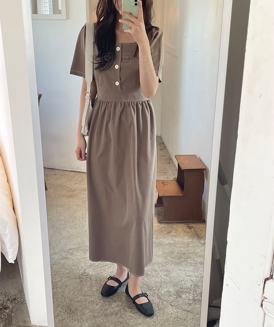 chic 한국 스타일 여름 프랑스식 레트로 명시적 스티치 광장 칼라 허리 수축 슬림해 보이는 품격 캐주얼 반팔 드레스 이미지 4