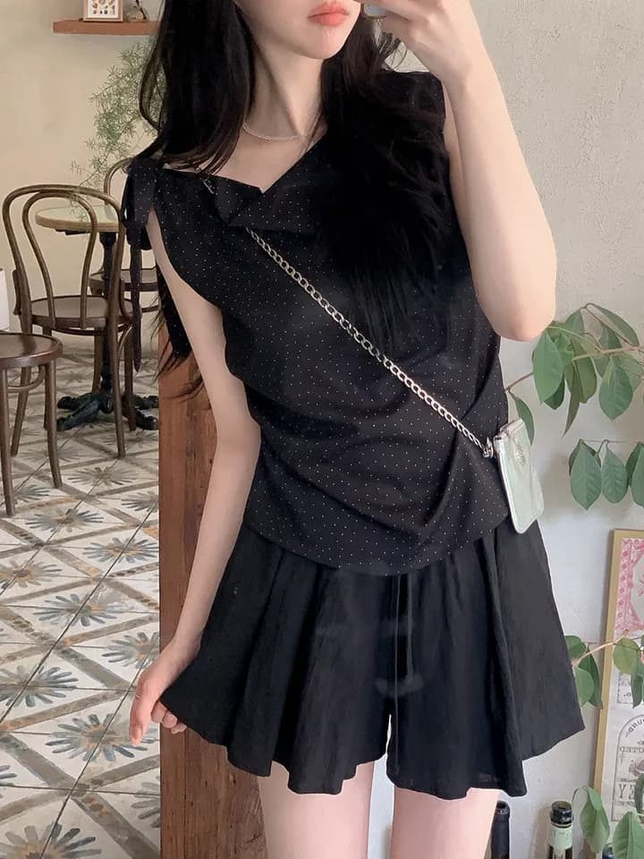 chic 한 부서 여름 프랑스식 부드러운 달콤함 불규칙 비스듬한 어깨 레이스업 도트 주름 장식 민소매 조끼 맨위 이미지 2