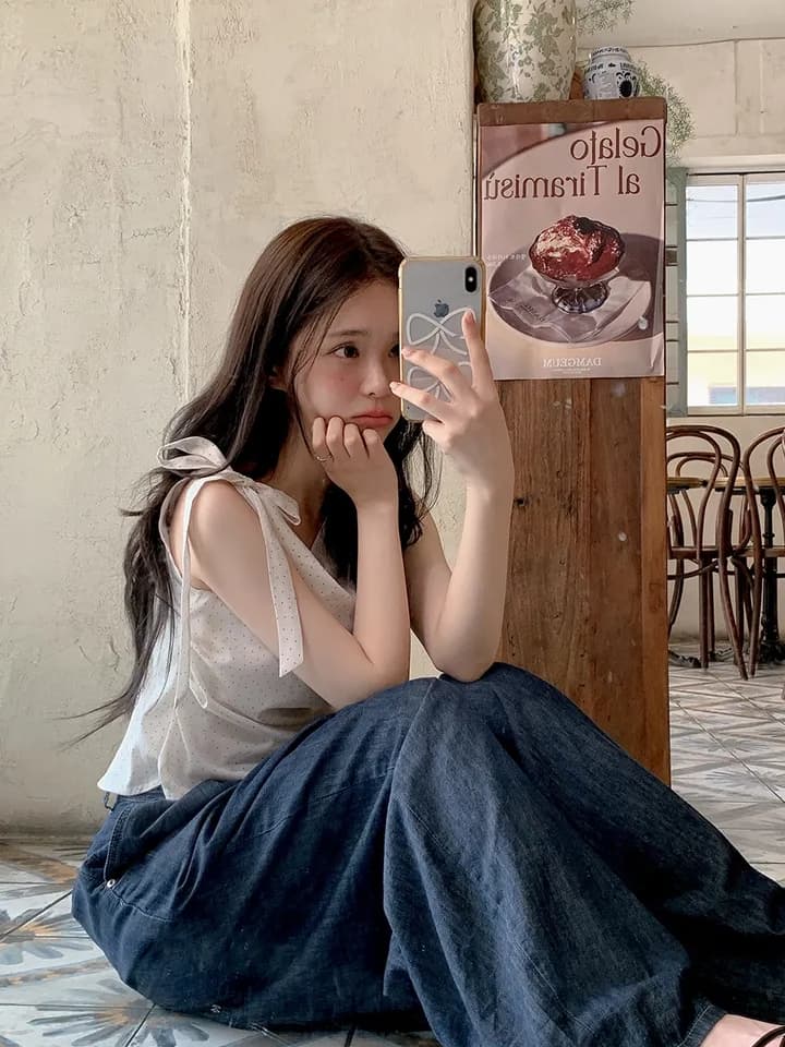chic 한 부서 여름 프랑스식 부드러운 달콤함 불규칙 비스듬한 어깨 레이스업 도트 주름 장식 민소매 조끼 맨위 상세 이미지 8
