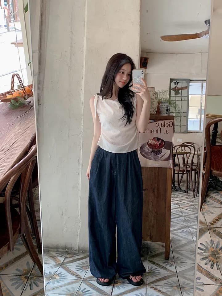 chic 한 부서 여름 프랑스식 부드러운 달콤함 불규칙 비스듬한 어깨 레이스업 도트 주름 장식 민소매 조끼 맨위 상세 이미지 9