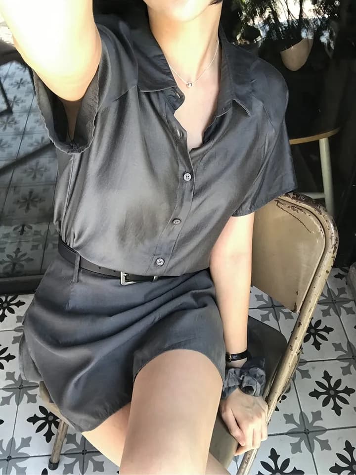 chic 한국 스타일 여름 패션 레트로 폴로 칼라 주간 실크 쉬폰 셔츠 하이웨이스트 작은 대중 방귀 커튼 바지 세트 상세 이미지 3
