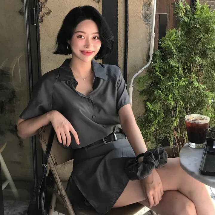 chic 한국 스타일 여름 패션 레트로 폴로 칼라 주간 실크 쉬폰 셔츠 하이웨이스트 작은 대중 방귀 커튼 바지 세트 상세 이미지 6