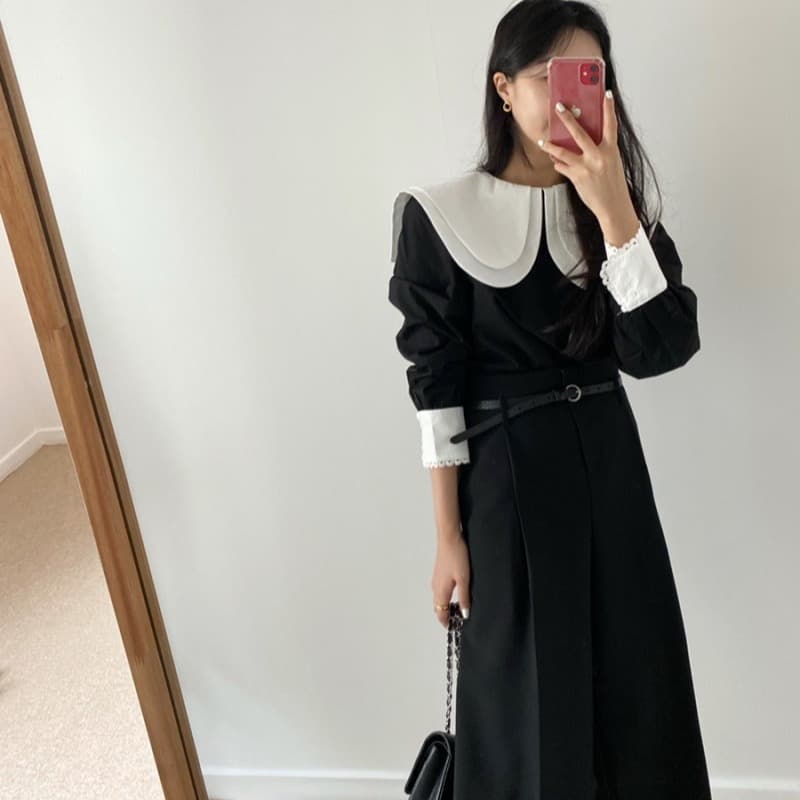 chic 한국 봄 새로운 프랑스식 작은 대중 레이스 다용도 배색 이중층 베이비 칼라 풀오버 셔츠 맨위 이미지 4