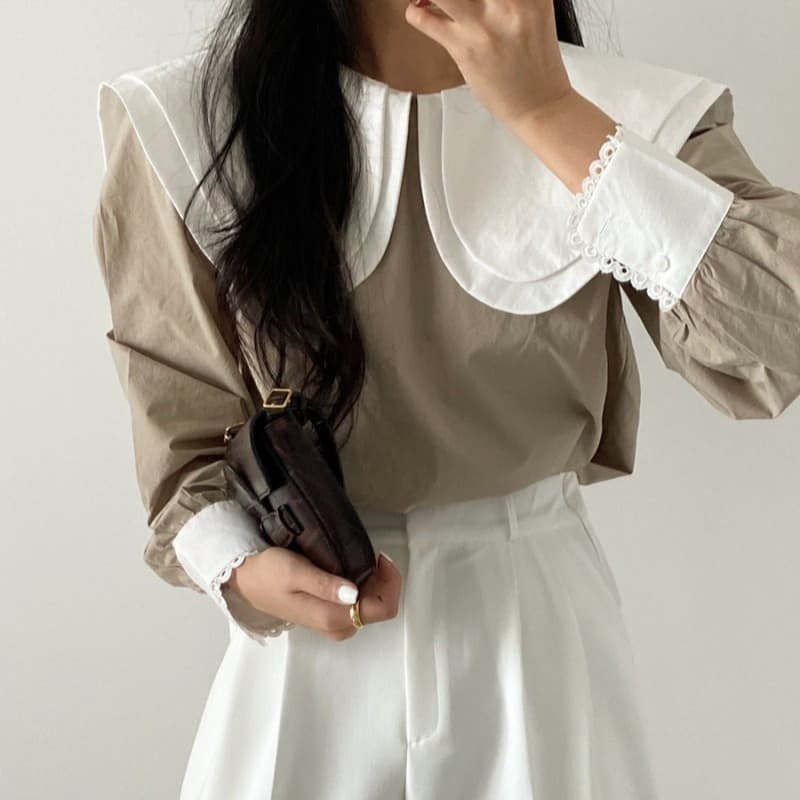 chic 한국 봄 새로운 프랑스식 작은 대중 레이스 다용도 배색 이중층 베이비 칼라 풀오버 셔츠 맨위
