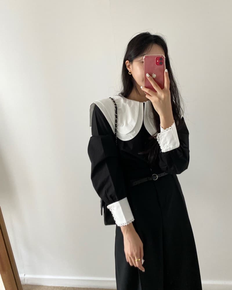 chic 한국 봄 새로운 프랑스식 작은 대중 레이스 다용도 배색 이중층 베이비 칼라 풀오버 셔츠 맨위 상세 이미지 8