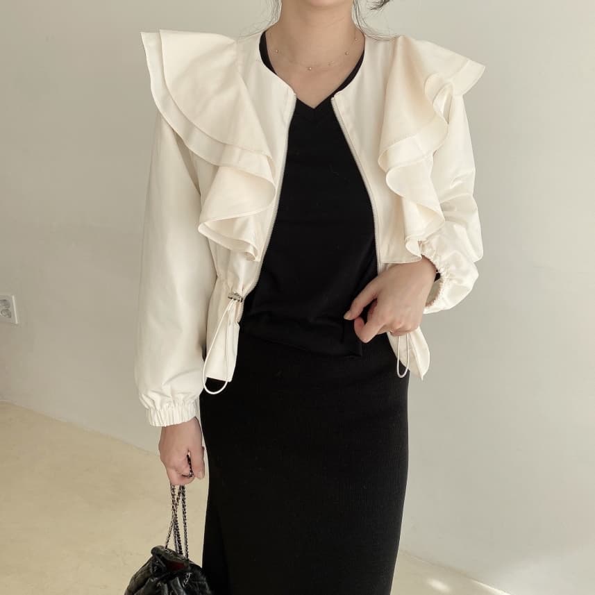 chic 한국 스타일 가을 프랑스식 패션 미니멀리즘 프릴 펌프 로프 허리 수축 쇼트 스타일 바람막이 지퍼 재킷 재킷