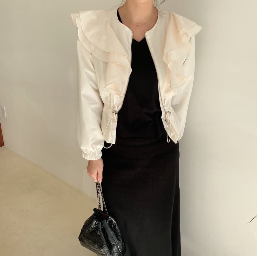 chic 한국 스타일 가을 프랑스식 패션 미니멀리즘 프릴 펌프 로프 허리 수축 쇼트 스타일 바람막이 지퍼 재킷 재킷 상세 이미지 3