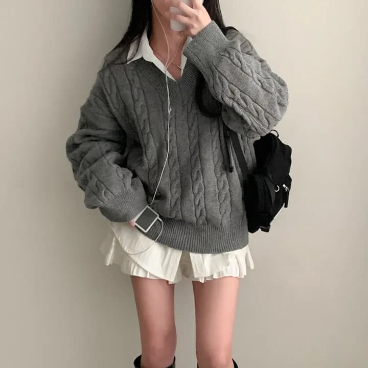 chic 한국 가을 겨울 레트로 V넥 꽈배기 미니멀리즘 느긋한 루즈핏 다용도 니트 스웨터 스웨터 맨위