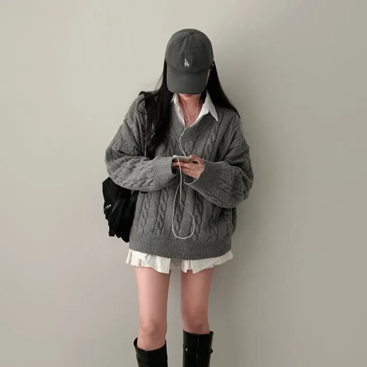 chic 한국 가을 겨울 레트로 V넥 꽈배기 미니멀리즘 느긋한 루즈핏 다용도 니트 스웨터 스웨터 맨위 상세 이미지 8