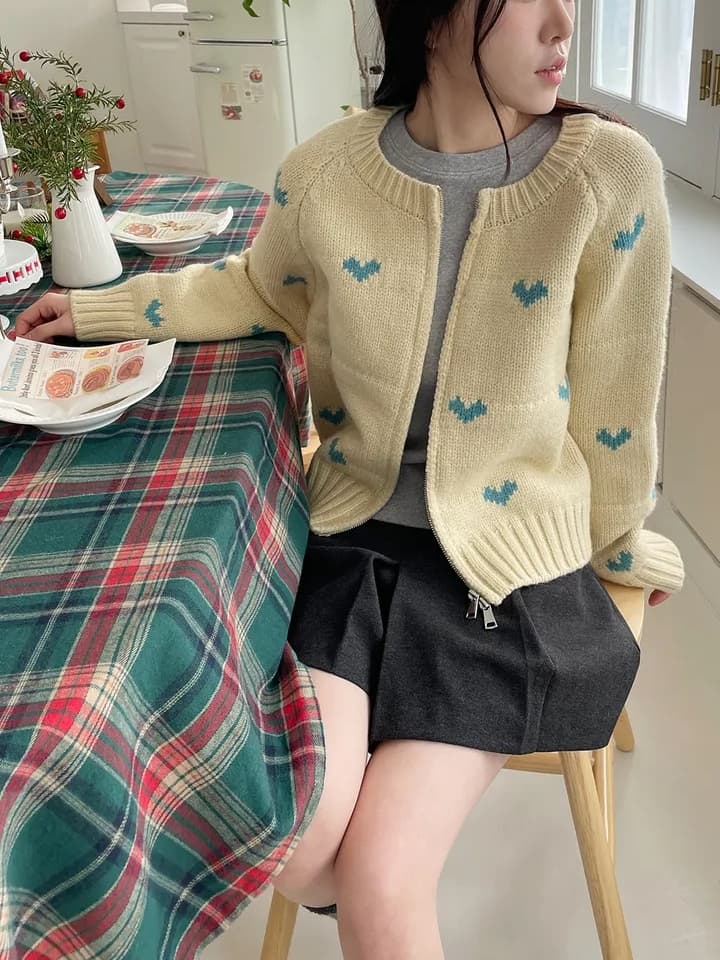 chic 한 부서 가을 겨울 달콤함 연령 감소 하트 디자인 센스 지퍼 오픈 가디건 다용도 니트 스웨터 스웨터 맨위 상세 이미지 5