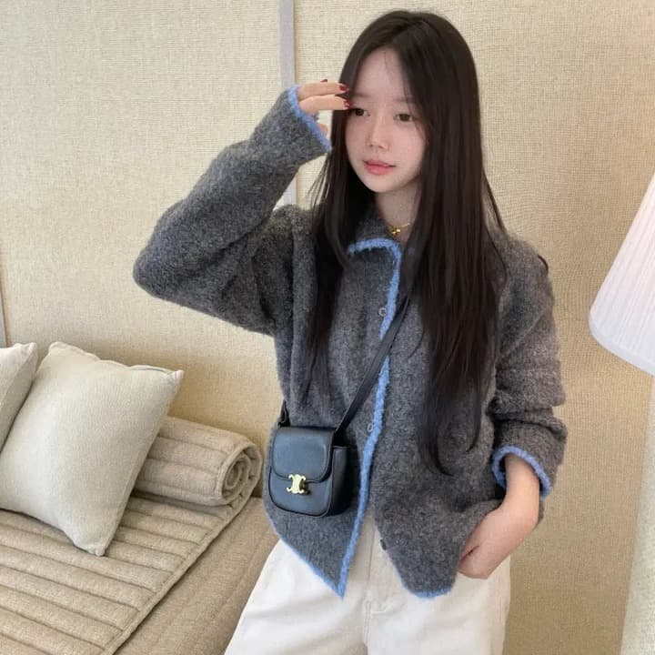 chic 한 부서 가을 겨울 부드러운 연령 감소 배색 폴로 칼라 싱글 줄 버튼 오픈 가디건 캐주얼 다용도 니트 스웨터 스웨터 이미지 2