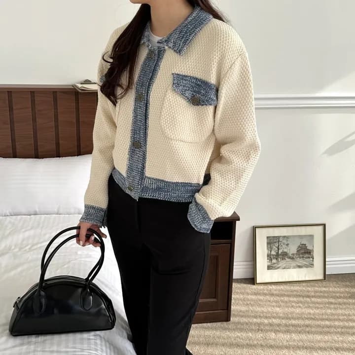 chic 한 부서 가을 겨울 레트로 패치워크 배색 연령 감소 작은 샤넬 스타일 패션 오픈 가디건 니트 스웨터 작은 외투 상세 이미지 2