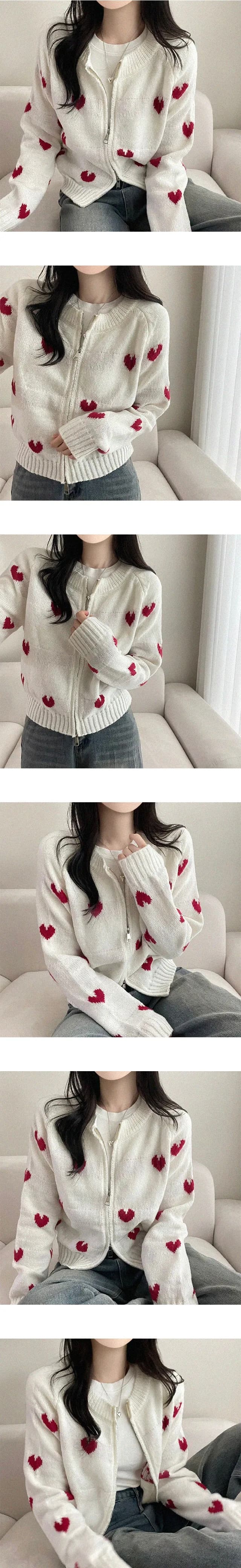 chic 한 부서 가을 겨울 달콤함 연령 감소 하트 디자인 센스 지퍼 오픈 가디건 다용도 니트 스웨터 스웨터 맨위 상세 이미지 3