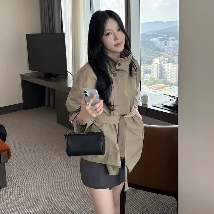 chic 한국 스타일 가을 미니멀리즘 고급 센스 영국식 바람 스탠드 칼라 루즈핏 레이스업 다용도 쇼트 스타일 재킷 재킷 이미지 4