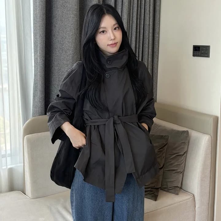 chic 한국 스타일 가을 미니멀리즘 고급 센스 영국식 바람 스탠드 칼라 루즈핏 레이스업 다용도 쇼트 스타일 재킷 재킷