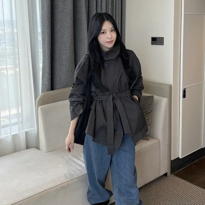 chic 한국 스타일 가을 미니멀리즘 고급 센스 영국식 바람 스탠드 칼라 루즈핏 레이스업 다용도 쇼트 스타일 재킷 재킷 이미지 3