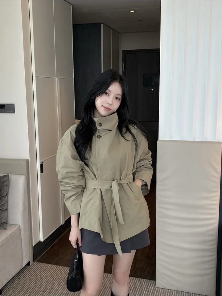 chic 한국 스타일 가을 미니멀리즘 고급 센스 영국식 바람 스탠드 칼라 루즈핏 레이스업 다용도 쇼트 스타일 재킷 재킷 상세 이미지 4