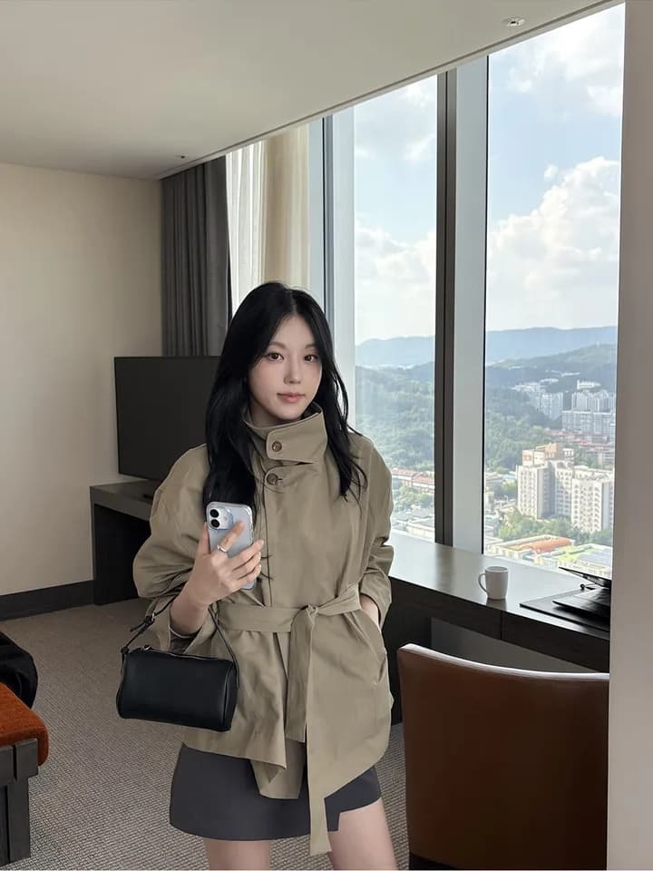 chic 한국 스타일 가을 미니멀리즘 고급 센스 영국식 바람 스탠드 칼라 루즈핏 레이스업 다용도 쇼트 스타일 재킷 재킷 상세 이미지 5