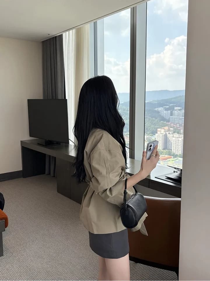 chic 한국 스타일 가을 미니멀리즘 고급 센스 영국식 바람 스탠드 칼라 루즈핏 레이스업 다용도 쇼트 스타일 재킷 재킷 상세 이미지 8
