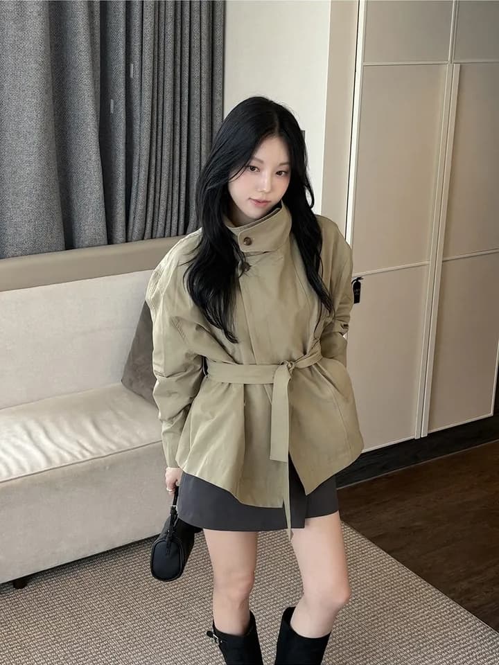 chic 한국 스타일 가을 미니멀리즘 고급 센스 영국식 바람 스탠드 칼라 루즈핏 레이스업 다용도 쇼트 스타일 재킷 재킷 상세 이미지 10