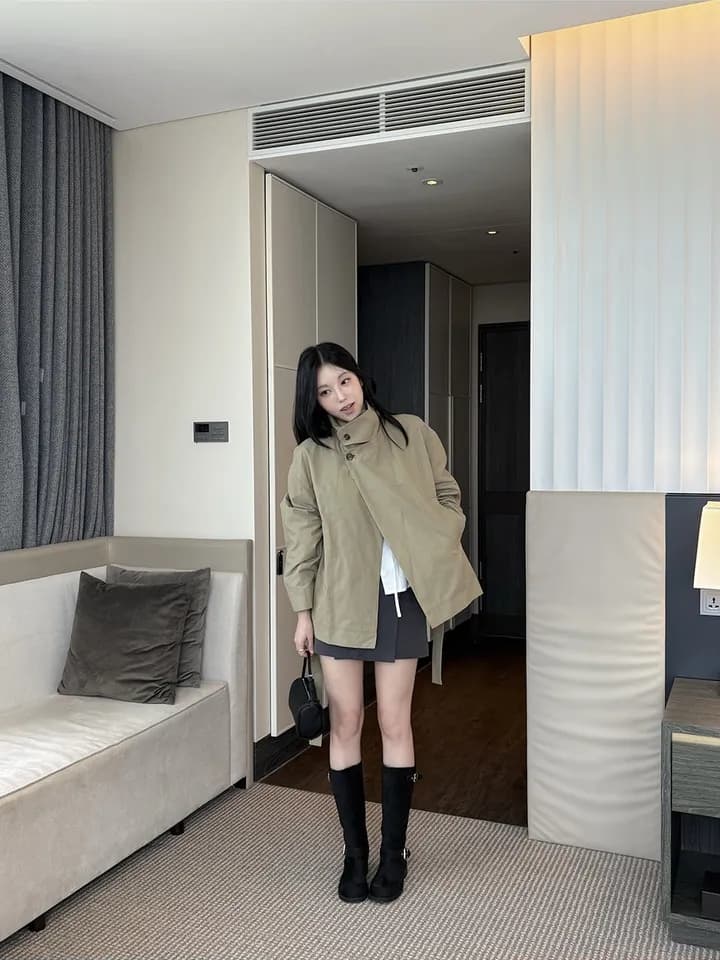 chic 한국 스타일 가을 미니멀리즘 고급 센스 영국식 바람 스탠드 칼라 루즈핏 레이스업 다용도 쇼트 스타일 재킷 재킷 상세 이미지 17